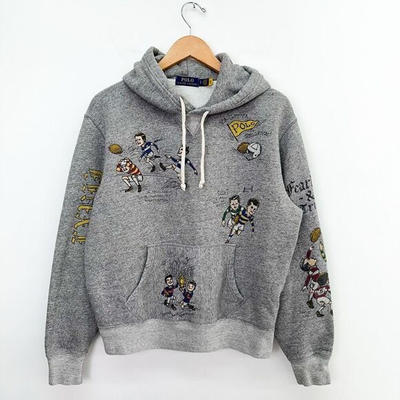 Polo Ralph Lauren Men’s Unisex Cartoon Rugby All Over Printed Fleece Heather Gra - Picture 1 of 16